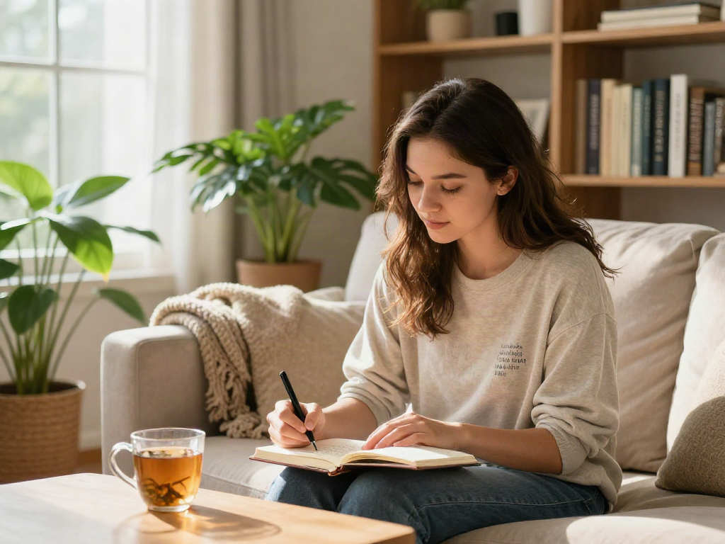 Living room scene featuring a young woman reflecting and journaling about her positive attitude with a cozy atmosphere.