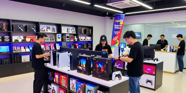 Excited shoppers explore rokok88's gaming store featuring PlayStation and Xbox consoles, vibrant merchandise, and special offers.