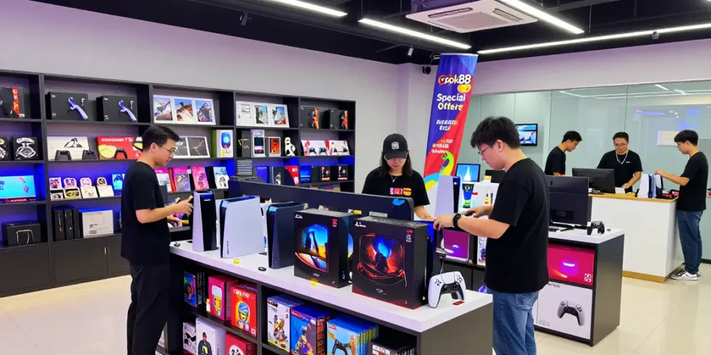 Excited shoppers explore rokok88's gaming store featuring PlayStation and Xbox consoles, vibrant merchandise, and special offers.