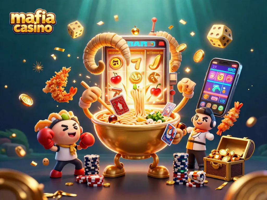 Mafia casino themed illustration with a giant ramen bowl dealer and vibrant games.