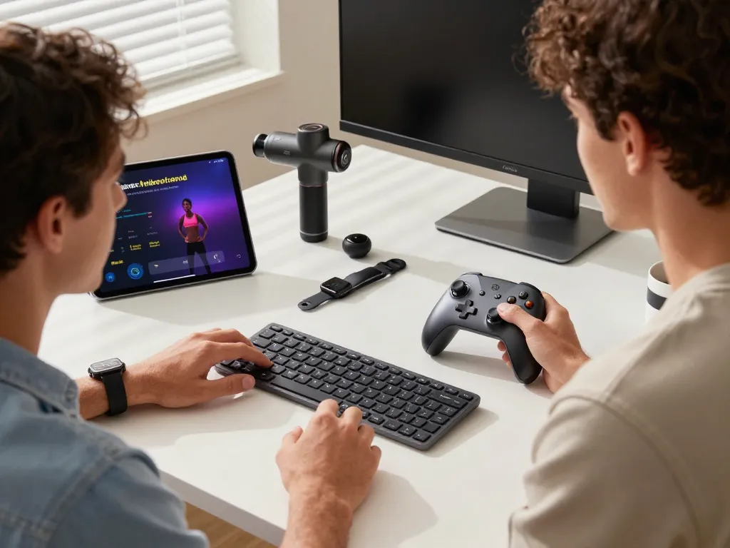 Best tech gadgets for men showcased in a stylish workspace with Bluetooth devices.