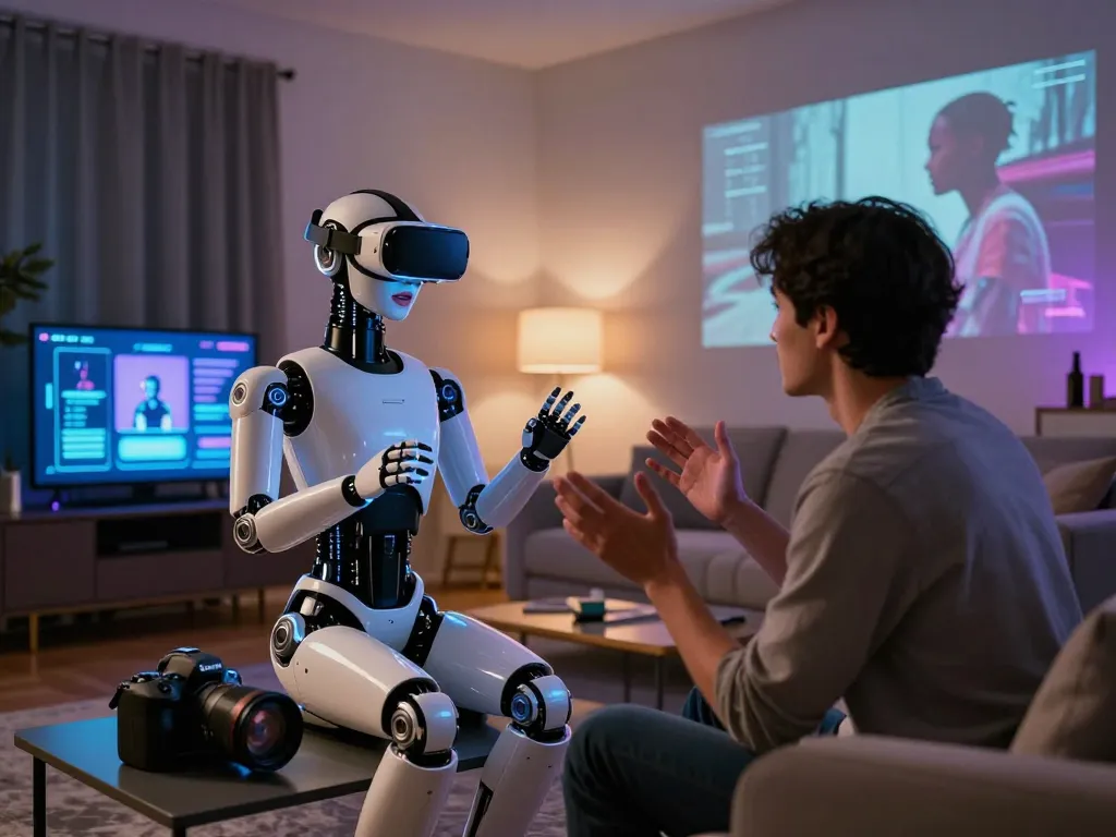 Engaging scene of an advanced sex bot interacting with a user in a modern living room, highlighting intimacy and technology.