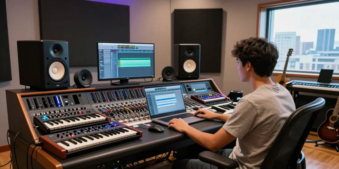 Sound engineer working with Roland SC88 sound module in a modern music studio.