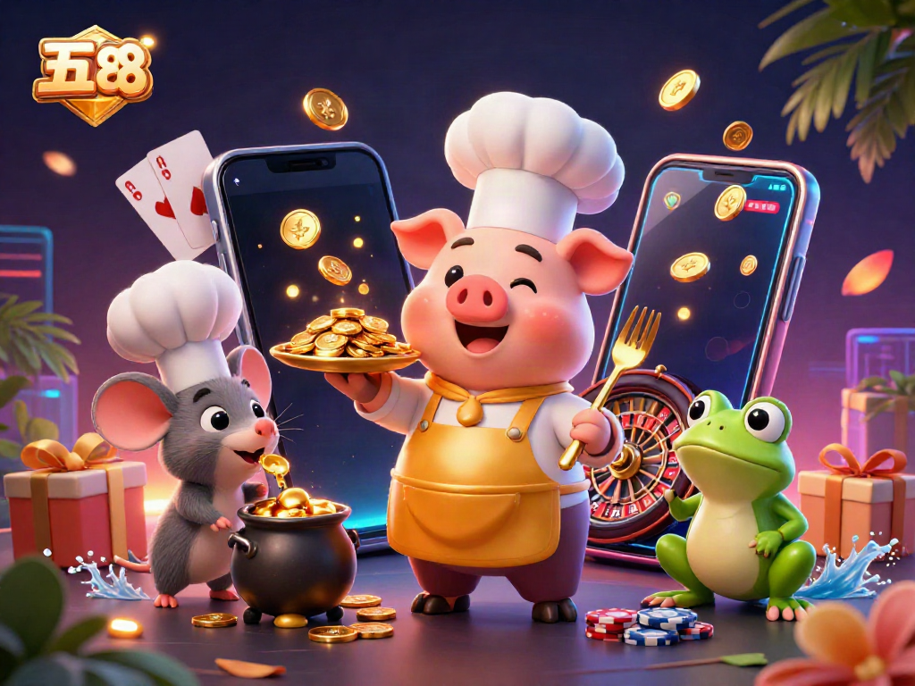 Experience the vibrant five 88 casino scene with a chef pig, mouse, and frog surrounded by dynamic slot game elements.