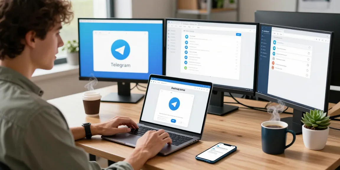 Downloading Telegram app on a laptop with notifications displayed on a smartphone, showcasing a modern tech workspace.
