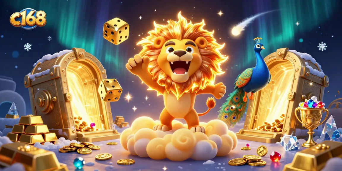 c168 ignites excitement with 3D lion and golden casino elements amidst a lavish atmosphere