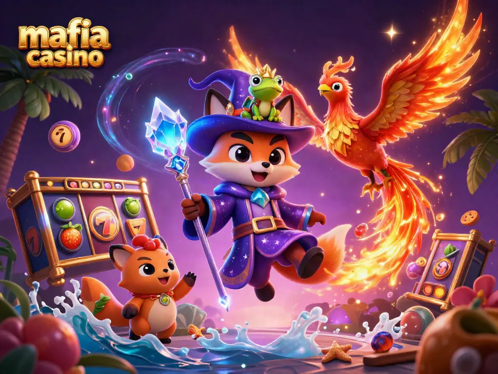 Win at mafia casino with a mystical wizard fox and vibrant slot machine elements in a magical scene.