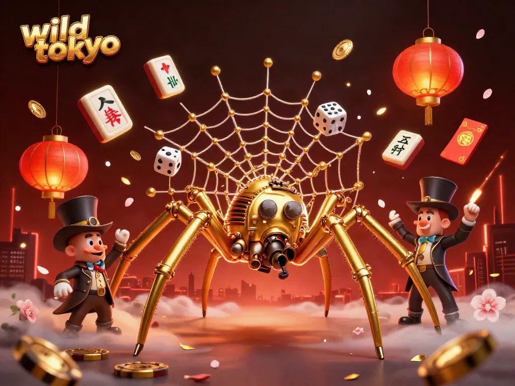 Experience wild tokyo with a captivating 3D casino scene featuring steampunk elements and lively game symbols.