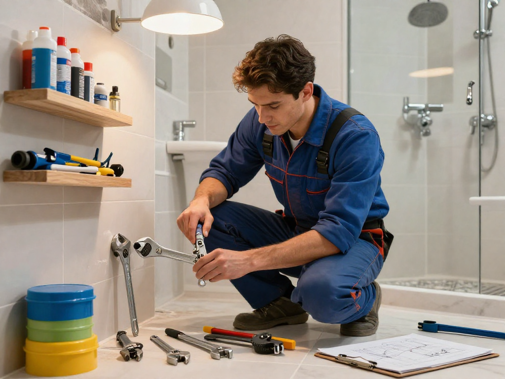 Chiave idraulico professionale utilizzata durante ristrutturazione bagno con attrezzi e materiali di alta qualità.