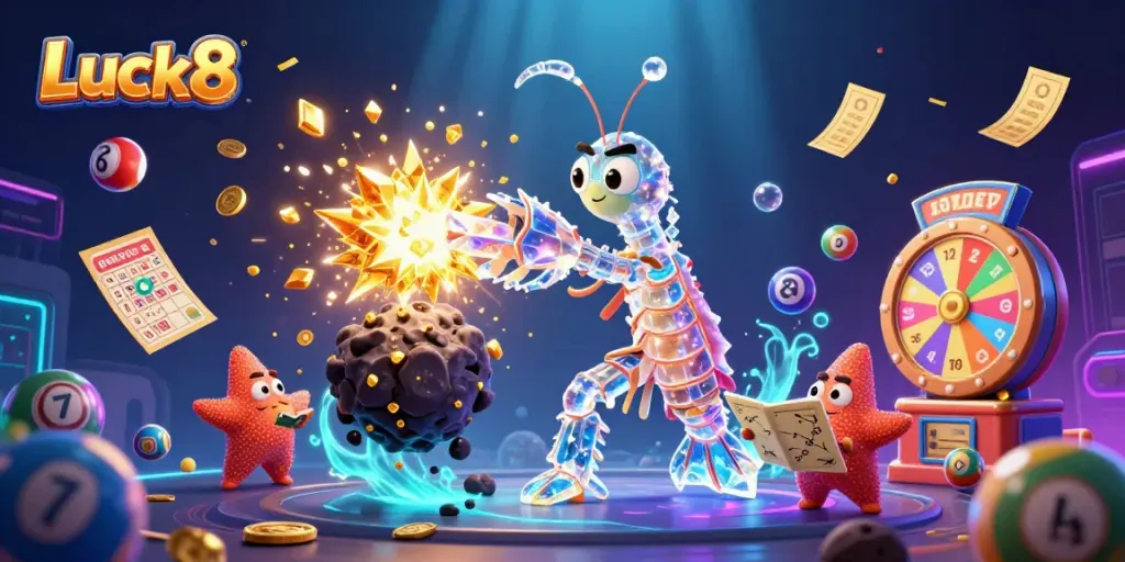 Experience excitement with Luck8 as a mantis shrimp explodes an asteroid, showering gems and coins.