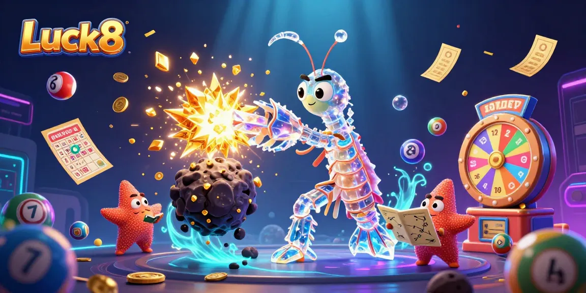 Experience excitement with Luck8 as a mantis shrimp explodes an asteroid, showering gems and coins.