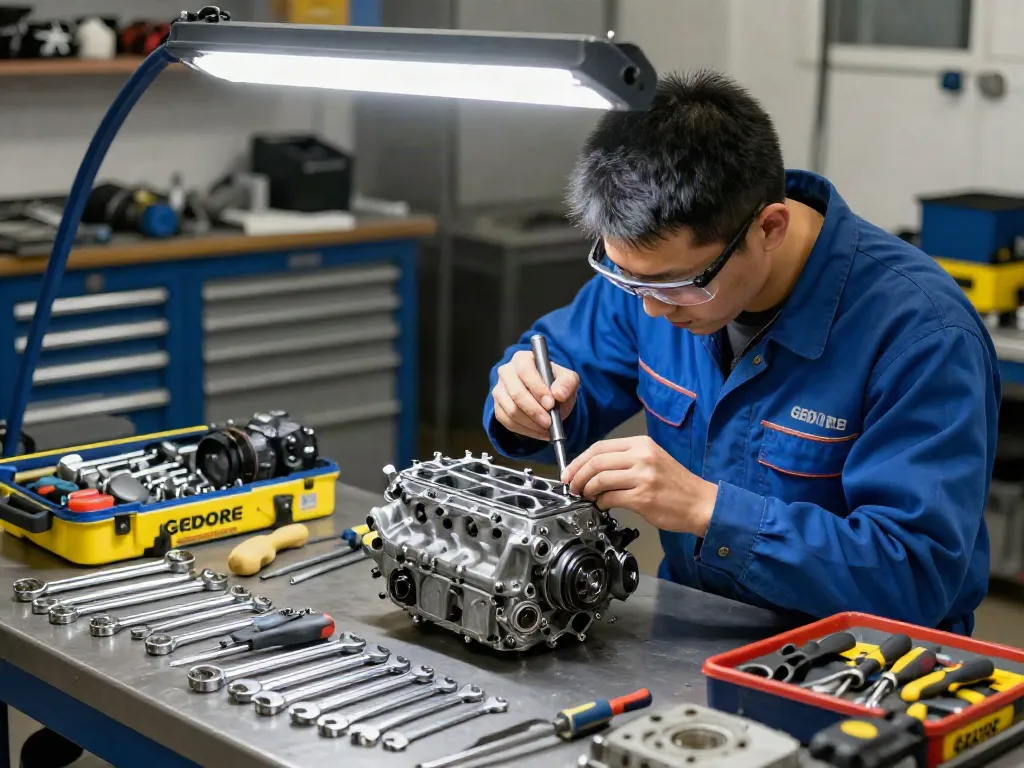 Meccanico utilizza strumenti Gedore in un’industria automobilistica, evidenziando qualità e precisione.