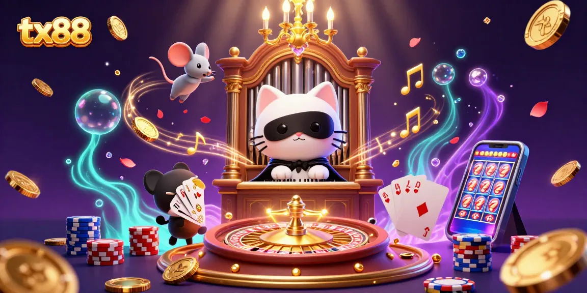 Join the thrilling atmosphere of tx88 featuring a majestic white cat at a lavish casino organ.