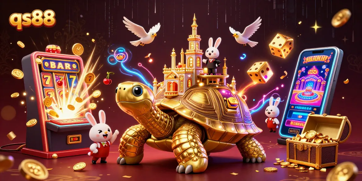 Win big with qs88 at this vibrant casino scene featuring golden tortoise and jackpot elements.