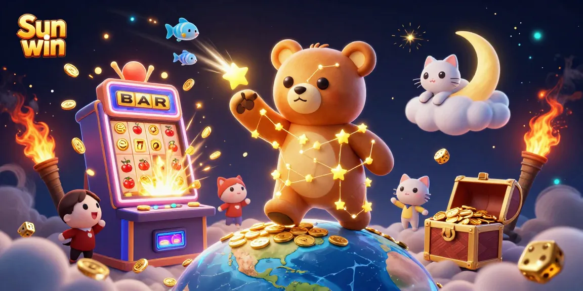 Experience the thrilling world of Sun win with vibrant casino symbols and enchanting characters.