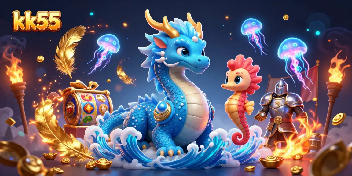 Engage with kk55 betting by joining the dragon, seahorse knight, and neon jellyfish in a vibrant gaming scene.