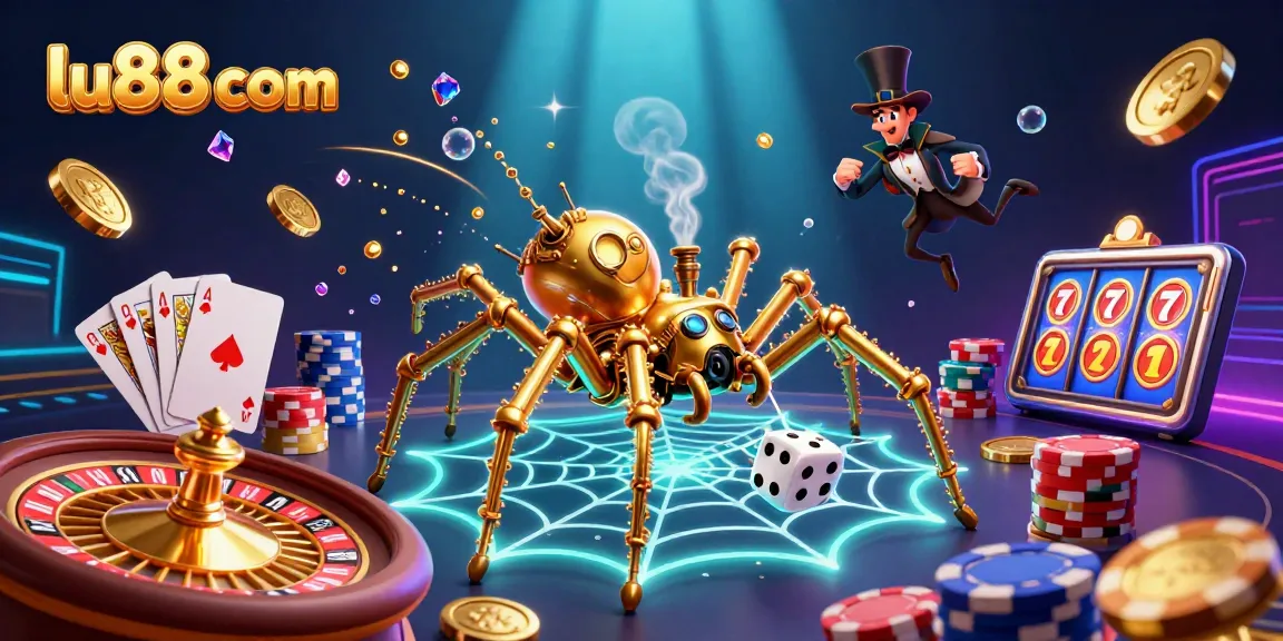 Experience the thrill of casino gaming with lu88 com featuring a dynamic 3D illustration of a steampunk spider and golden elements.