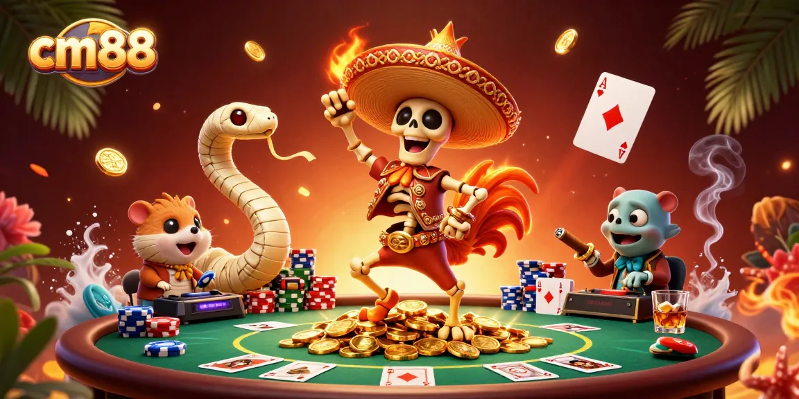 cm88 brings a thrilling casino vibe with lively characters celebrating around poker elements.