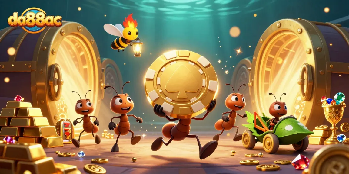 Experience the excitement of da88ac as ants stealthily carry a massive poker chip in a vibrant casino heist.