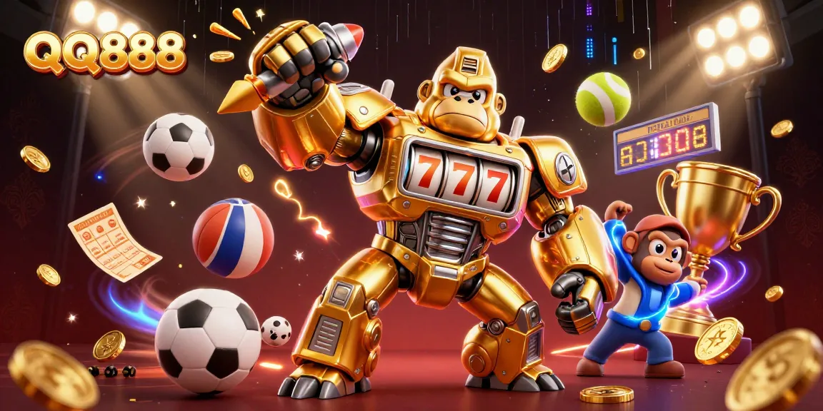 Engage with QQ888 through an energetic casino scene with a golden gorilla mech and sports elements.