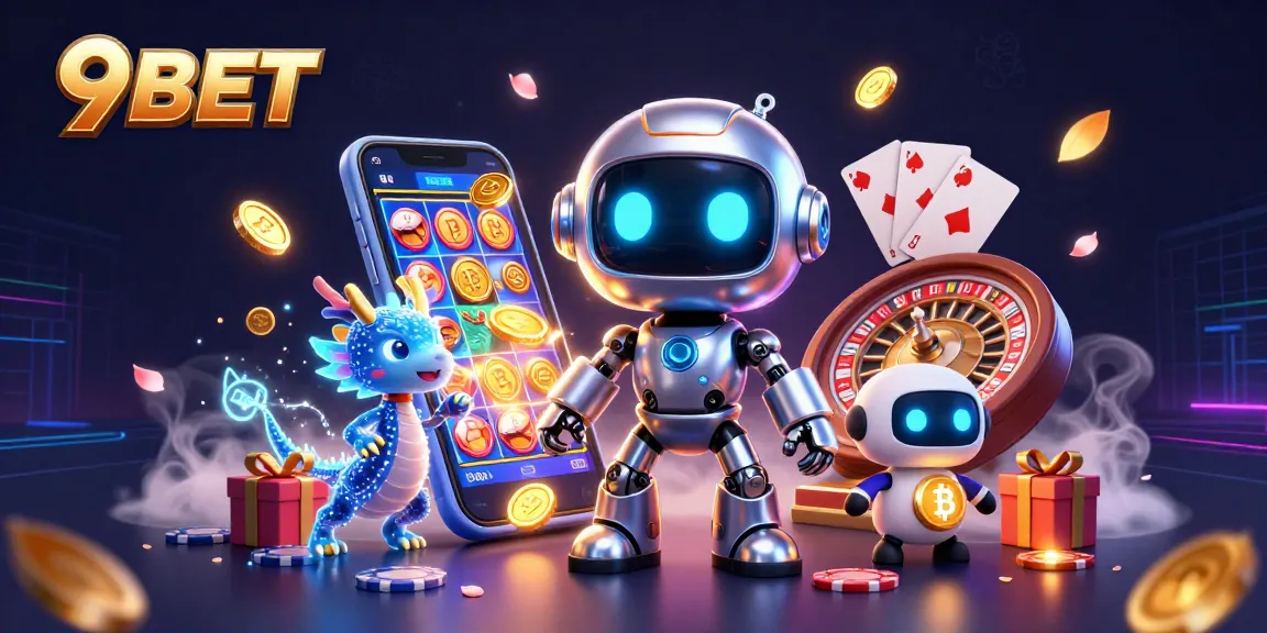 Experience the thrill of slot gaming with 9BET's vibrant 3D casino illustration featuring exciting gambling elements.