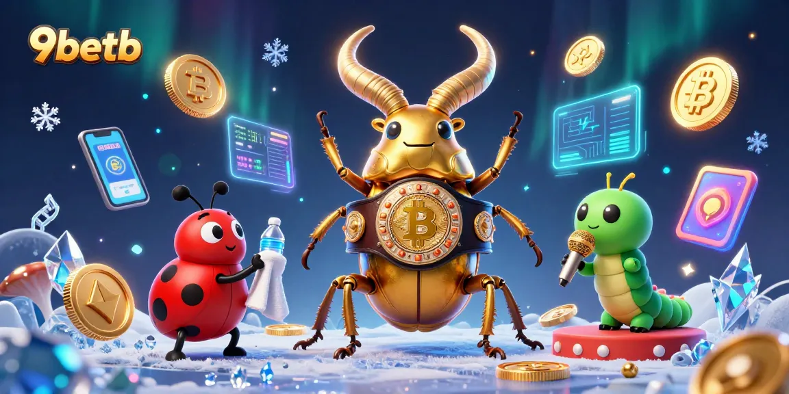 9betb showcases a dynamic online gambling atmosphere with vibrant casino characters amidst glowing cryptocurrency elements.