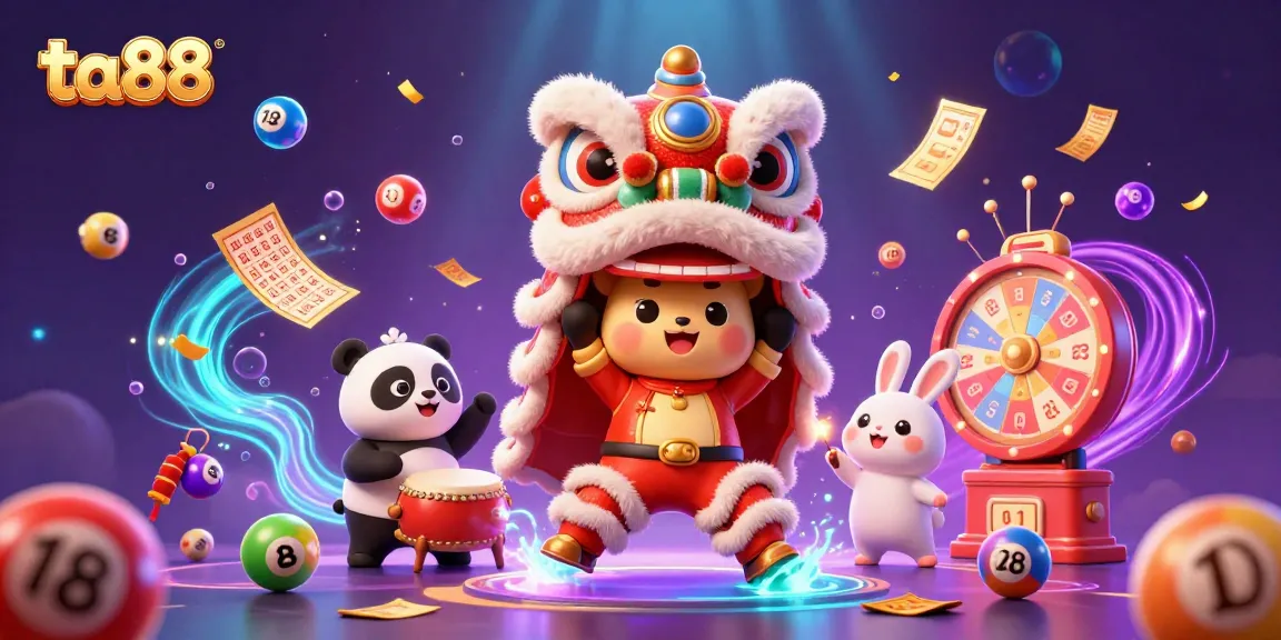 Engage in exciting ta88 gaming with a vibrant lion dance and festive lottery elements.