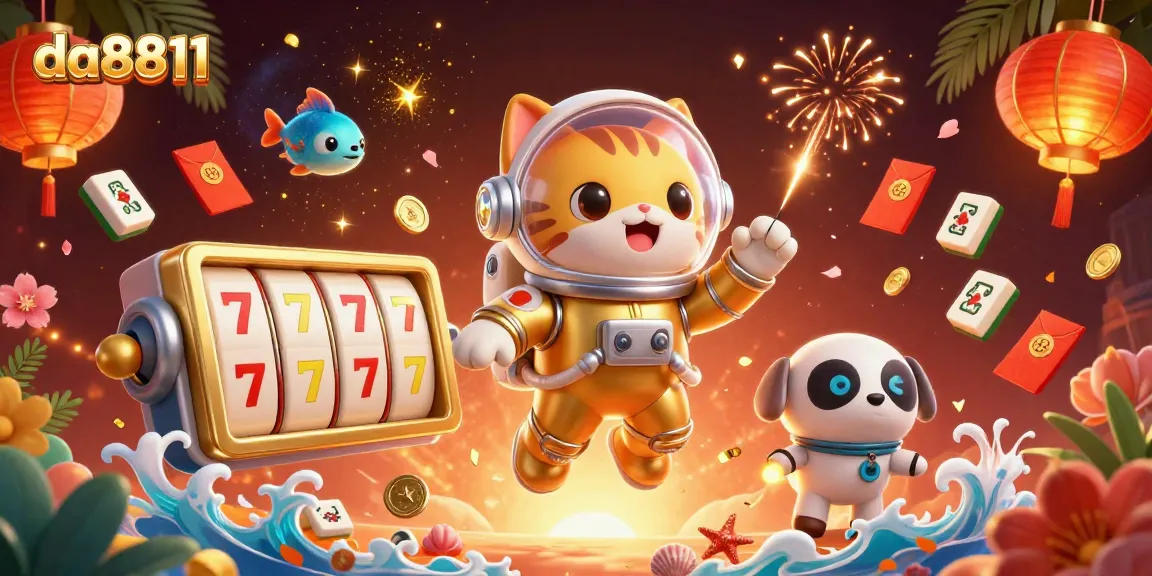 da8811 slots and golden space adventure with a cat astronaut and robot dog.