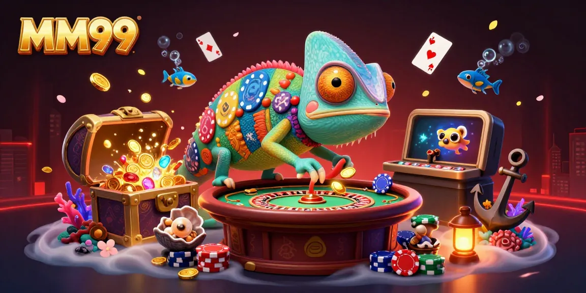 Engage in vibrant MM99 gameplay with an animated chameleon casino owner amidst a treasure-filled underwater backdrop.