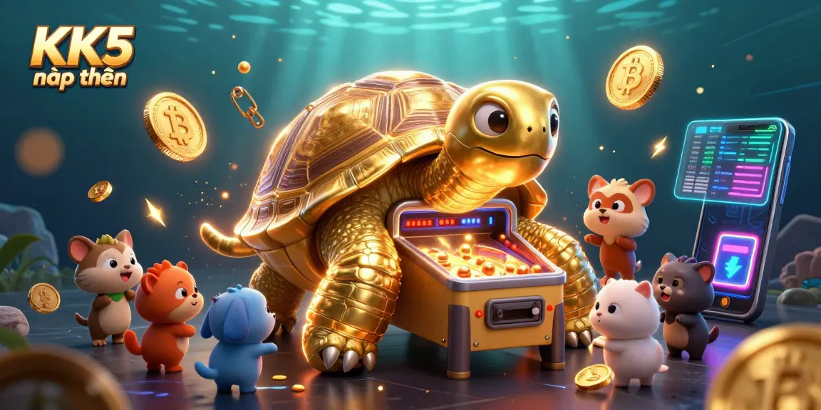 Play KK5 nạp tiền with excitement, featuring a golden tortoise pinball machine and vibrant crypto elements.
