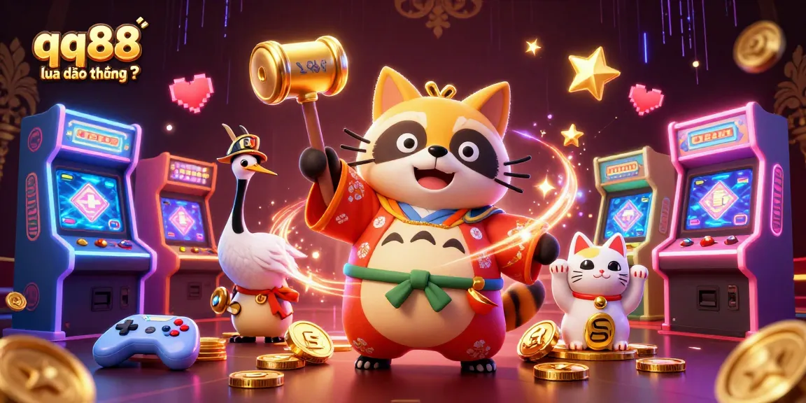 Engage with the vibrant world of qq88 lừa đảo không ? featuring a lively tanuki and neon gaming elements.