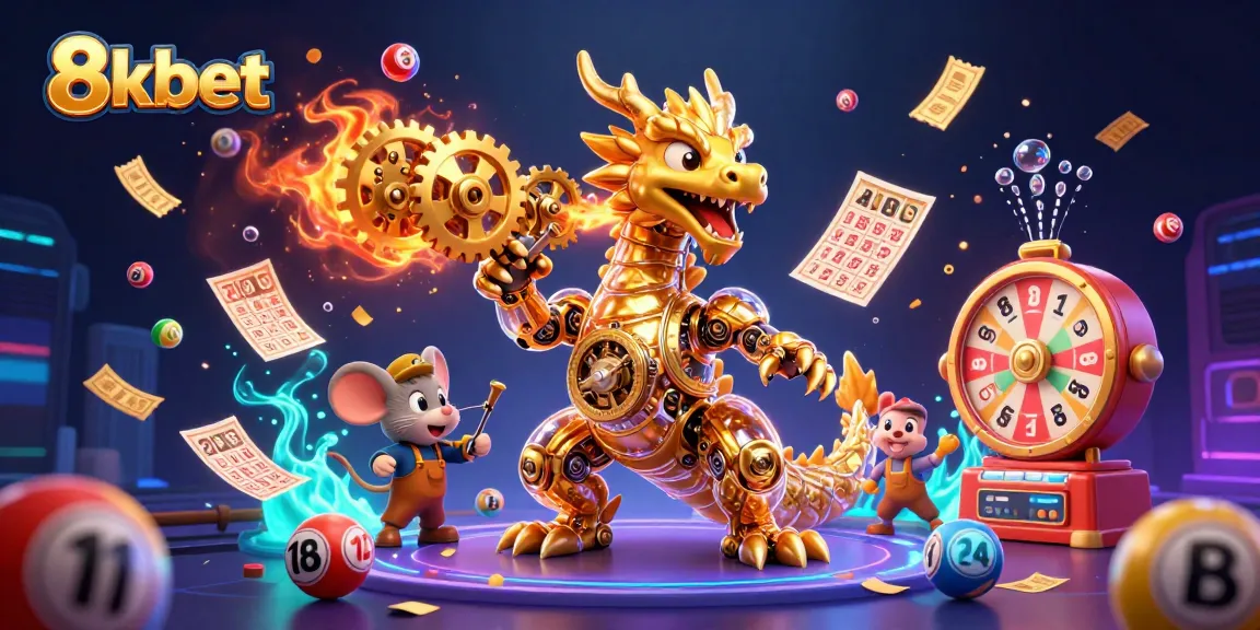 Experience thrilling gameplay at 8kbet with vibrant lottery elements and a mystical dragon.