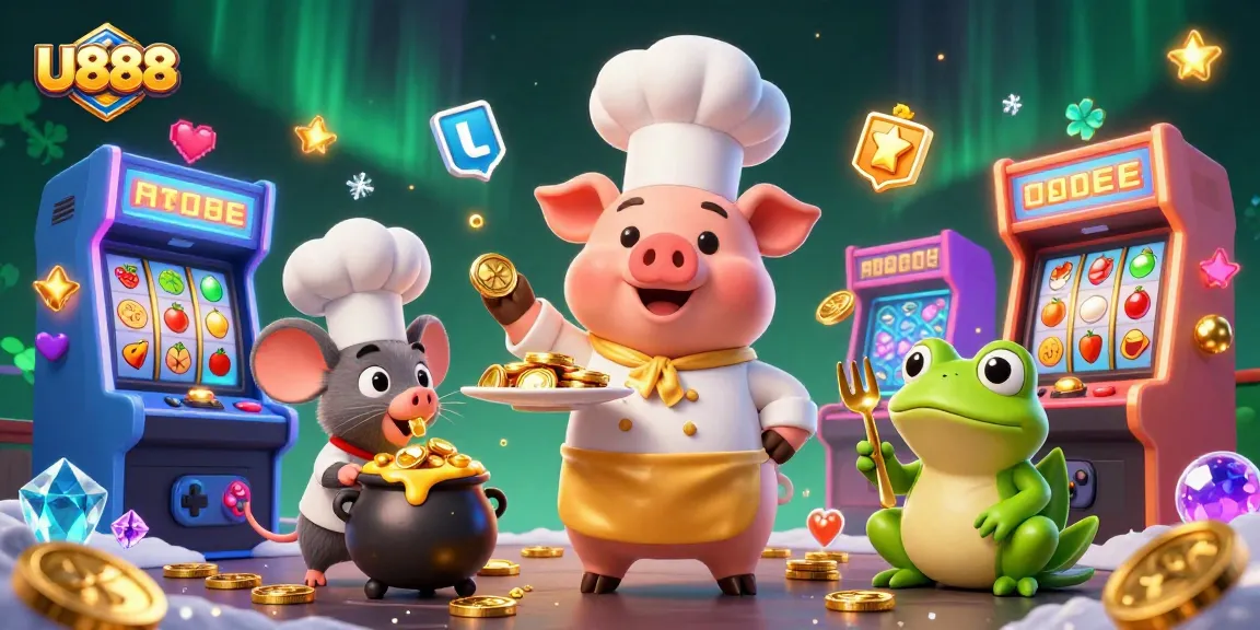 Experience the excitement of U888 as the chef pig serves gold coins in a vibrant casino arcade.