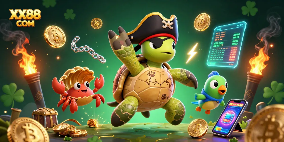 Spin the reels with XX88 COM, a vibrant scene featuring a pirate turtle and treasure amidst crypto elements