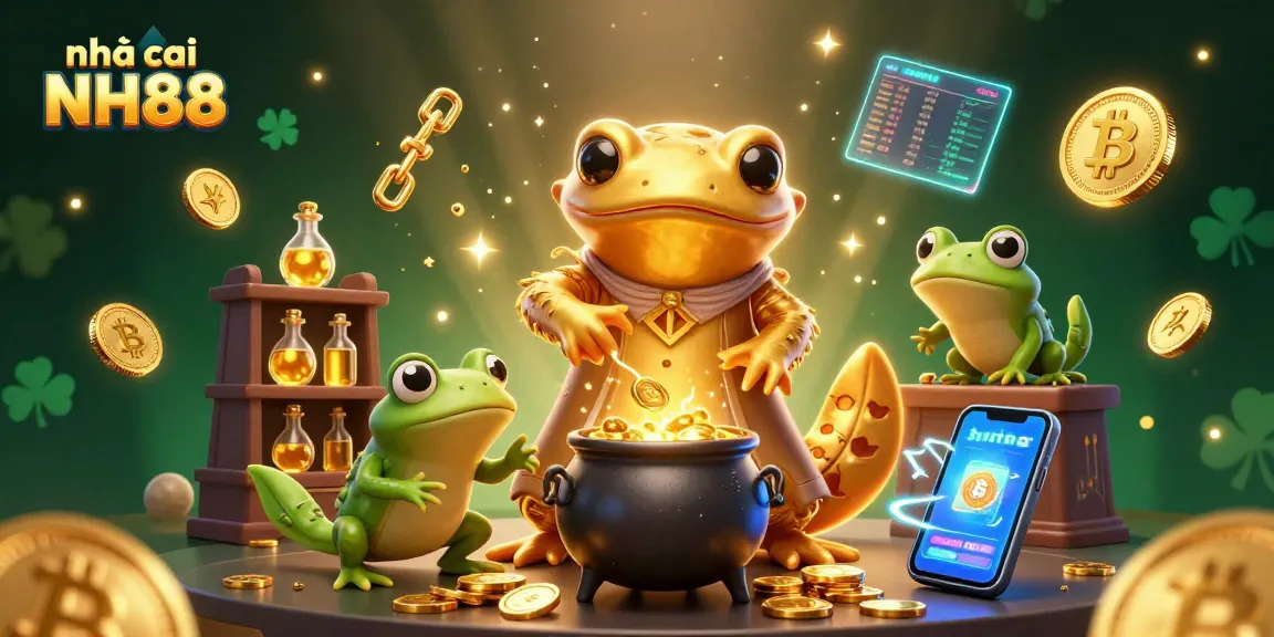 Experience the magic of nhà cái NH88 with vibrant gold coins and enchanting characters in a dazzling casino setting.
