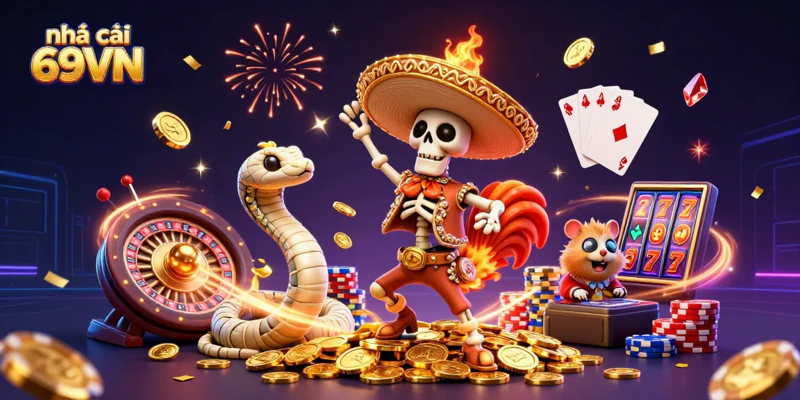 Experience the excitement at nhà cái 69VN with a vibrant 3D illustration of casino action and fun.