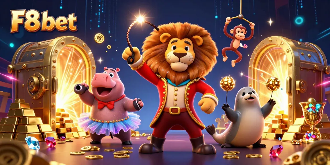 Engage with the exciting F8 bet casino atmosphere featuring vibrant animated characters and treasures.